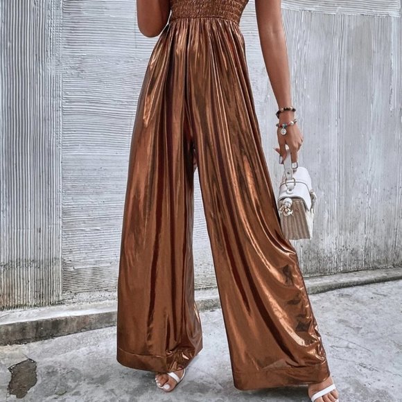 METALLIC BRONZE SHIRRED TUBE POCKETED JUMPSUIT TRENDING FALL ELEGANT PARTY - Picture 4 of 6
